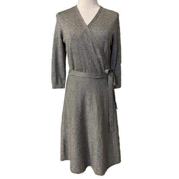 Talbots Sweater Dress M Metallic Silver Merino Wool Knit Long Sleeve Washable - Picture 1 of 12